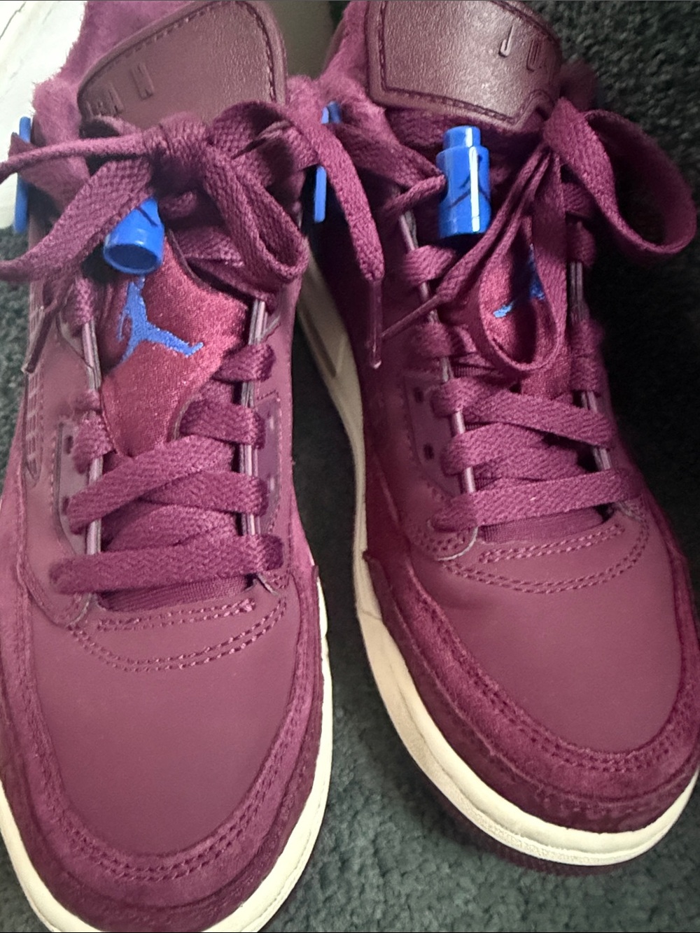 Jordan Kids Burgundy High-Top Sneakers with Blue Accent